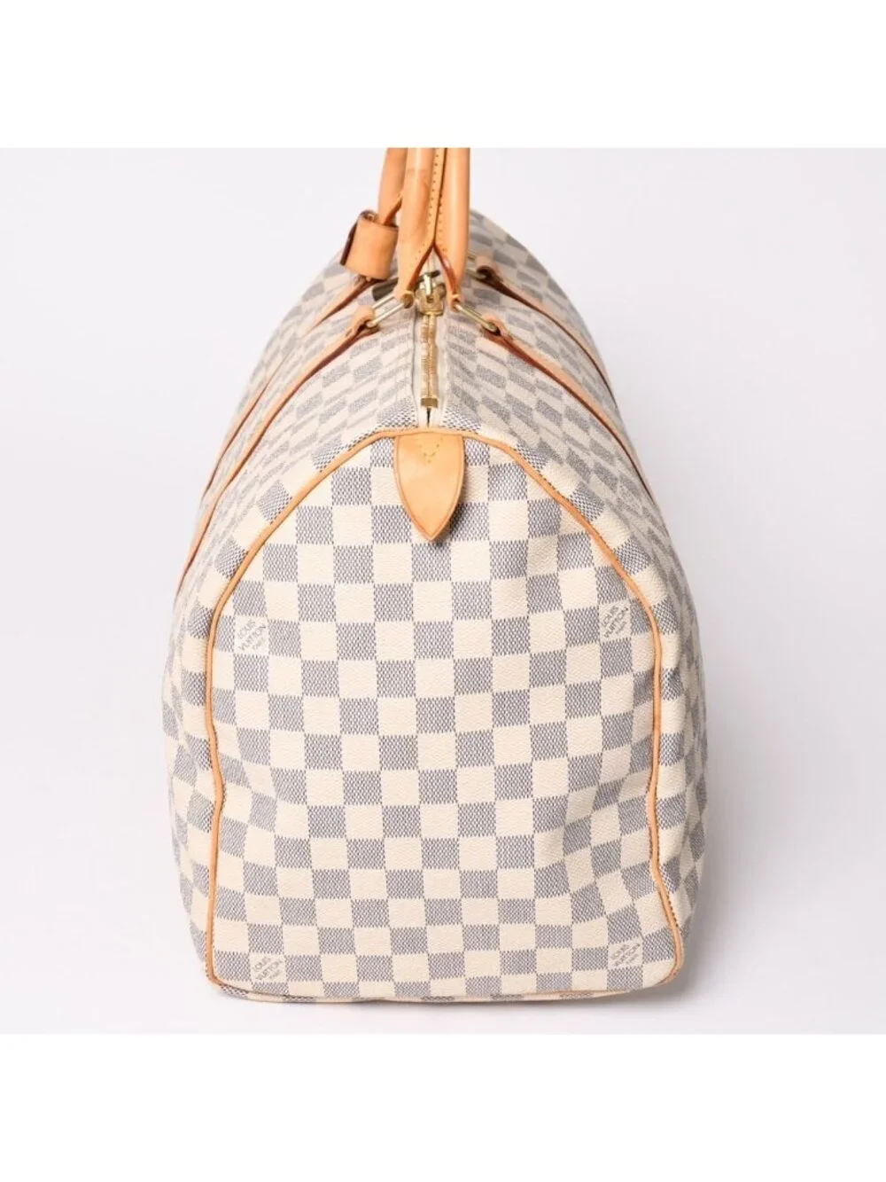 Louis Vuitton Keepall 50 Boston Bag Damier Azur Canvas Vachetta Leather White
